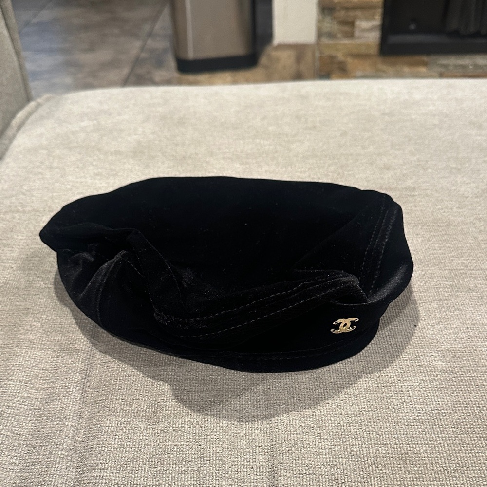Chanel Black Velvet Newsboy Cap with Gold CC Logo